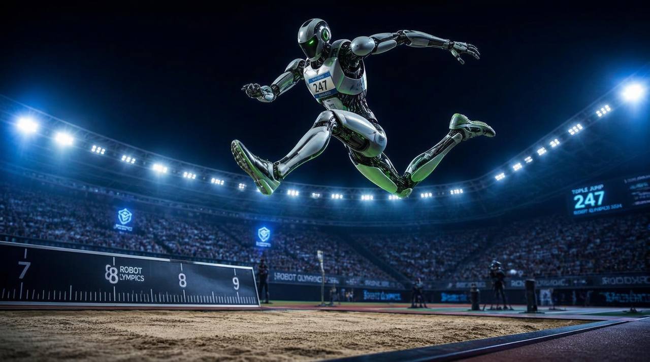 İnsansı robot olimpik atletizm pistinde üç adım atlama yapıyor